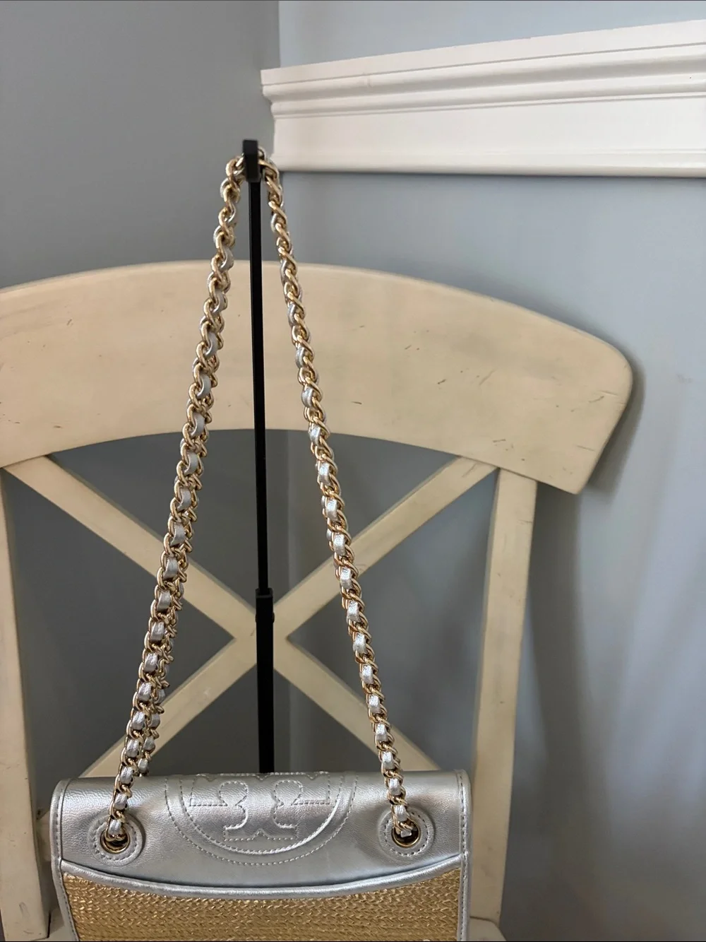 Tory Burch Fleming Metallic Raffia Silver  Leather & Natural Woven Shoulder Bag